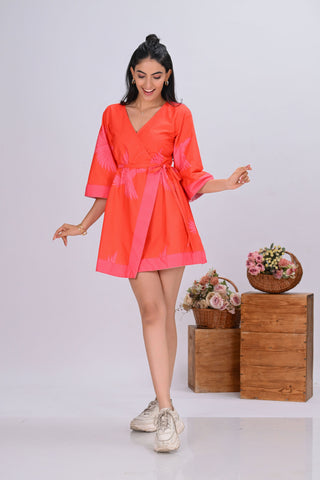 Orange & Pink Bird Print Wrap-Around Mini Dress