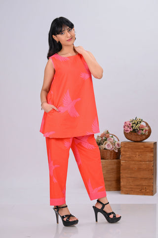 Orange & Pink Bird Print Sleeveless Short Co-ord Set (Set of 2)