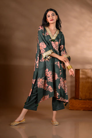 Green Crepe V-Neck Coin Detailing Kurta Set (Set of 2)