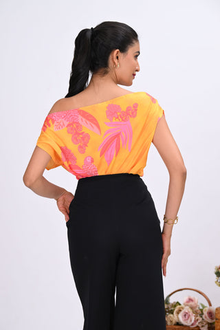 Yellow Crepe Printed Drop Shoulder Top