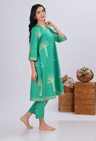 Green & Palm Tree Print Round-Neck Co-ord Set (Set of 2)