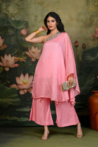 Zuri Light-Pink One-shoulder Kurta Set (Set of 2)
