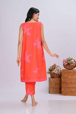 Orange & Pink Bird Print Sleeveless Co-ord Set (Set of 2)