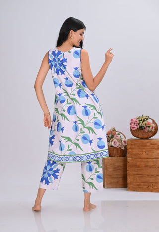 Blue & Off-White Pomegranate Print Sleeveless Co-ord Set (Set of 2)