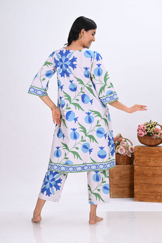 Blue & Off-White Pomegranate Print V-Neck Co-ord Set (Set of 2)