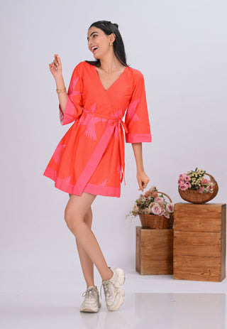 Orange & Pink Bird Print Wrap-Around Mini Dress