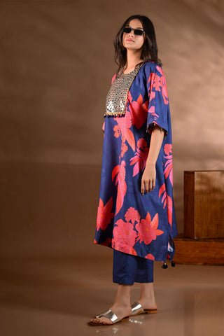 Blue Crepe Printed Mirror-work Yoke Kurta Set (Set of 2)