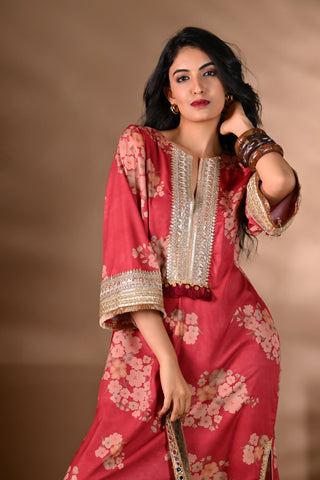 Red Crepe Side-Slit Long Dress