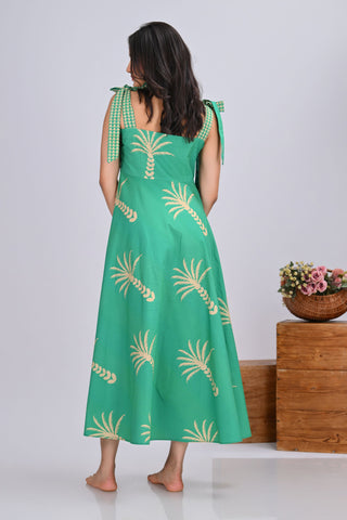 Green & Beige Palm Tree Print Umbrella Tie-Up Maxi Dress