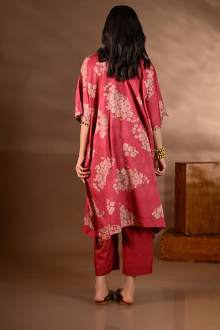 Red Crepe Printed Mirror-work Yoke Kurta Set (Set of 2)