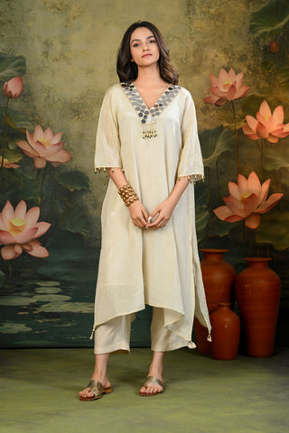 Tara Golden V-Neck Mirror Work Kurta Set (Set of 3)