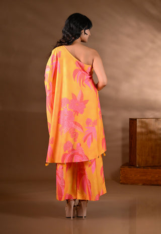 Yellow Crepe One-Shoulder Mirror-Work Kurta Set