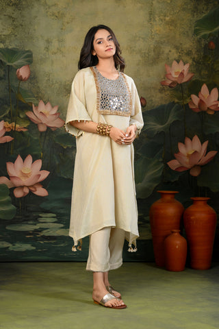 Tara Golden Mirror Work Yoke Kurta Set (Set of 3)