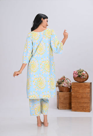 Sky Blue & Yellow Tie-Dye Print Round-Neck Co-ord Set (Set of 2)