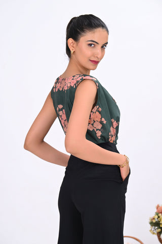 Green Crepe Printed Cowl Neck Sleeveless Top