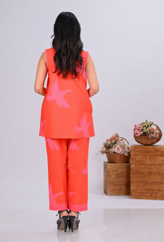 Orange & Pink Bird Print Sleeveless Short Co-ord Set (Set of 2)