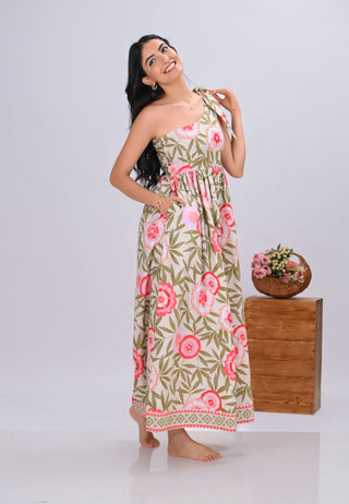 Pink Floral Print One-Shoulder Maxi Dress