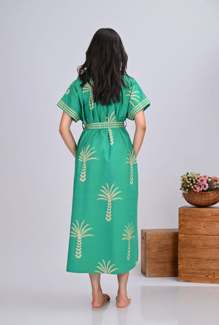 Green & Beige Palm Tree Print Button-Up Shirt Dress