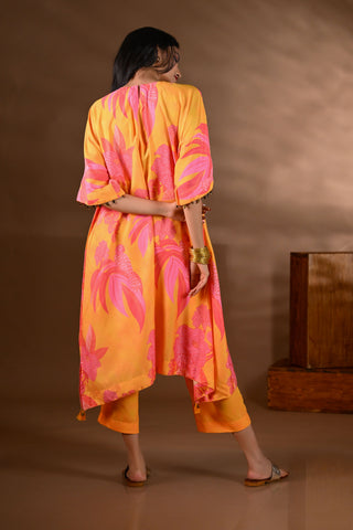 Yellow Crepe Printed Mirror-work Yoke Kurta Set (Set of 2)