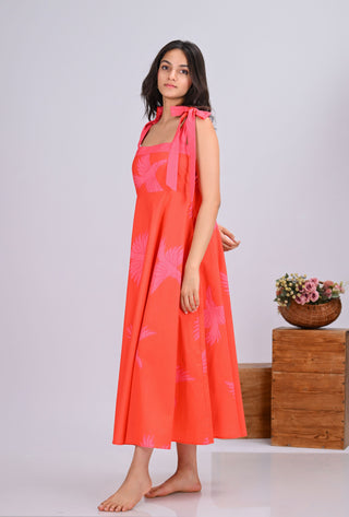 Orange & Pink Bird Print Umbrella Tie-Up Maxi Dress