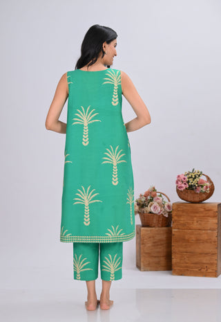 Green & Beige Palm Tree Print Sleeveless Co-ord Set (Set of 2)