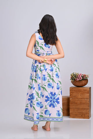 Blue & Off-White Pomegranate Print One-Shoulder Maxi Dress
