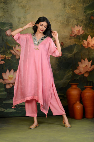 Zuri Light-Pink V-Neck Mirror Work Kurta Set (Set of 3)
