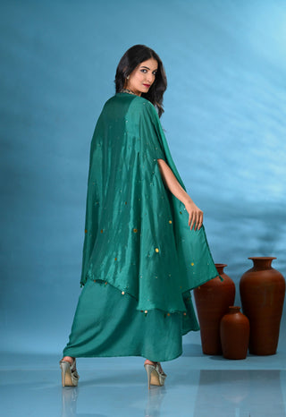 Heer Green Crop-Top with Drape-Skirt & Cape (Set of 3)