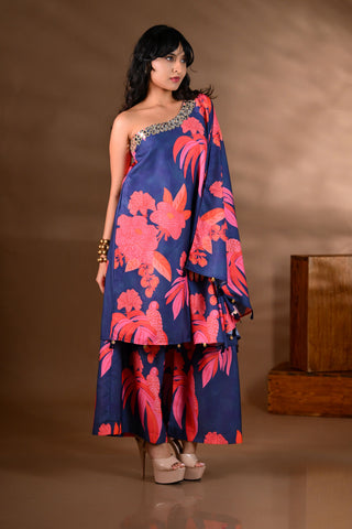 Blue Crepe One-Shoulder Mirror-Work Kurta Set
