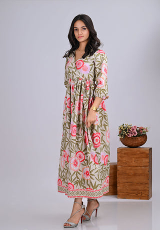 Pink Floral Print Wrap-Around Maxi Dress