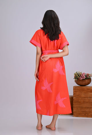 Orange & Pink Bird Print Button-Up Shirt Dress