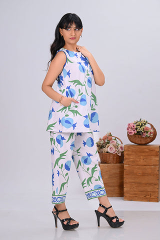 Blue & Off-White Pomegranate Print Sleeveless Short Co-ord Set (Set of 2)