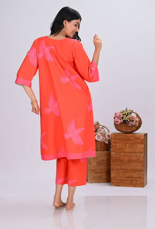 Orange & Pink Bird Print Round-Neck Co-ord Set (Set of 2)
