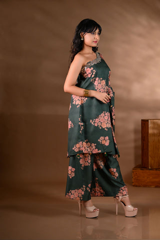 Green Crepe One-Shoulder Mirror-Work Kurta Set (Set of 2)