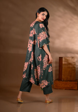 Green Crepe Printed Mirror-work Yoke Kurta Set (Set of 2)