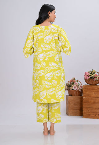 Mustard Yellow Leaves Print Round-Neck Co-ord Set (Set of 2)