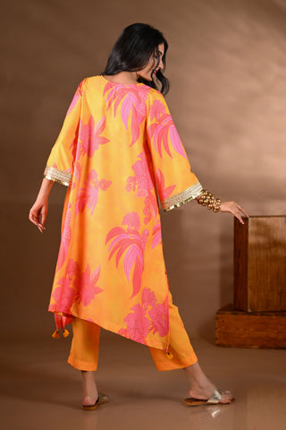 Yellow Crepe V-Neck Coin Detailing Kurta Set (Set of 2)