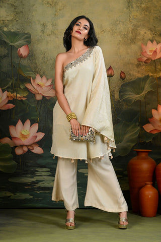 Tara Golden One-shoulder Kurta Set (Set of 2)