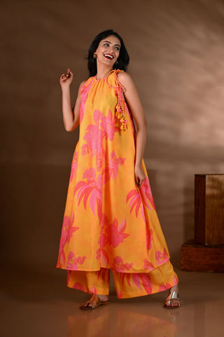 Yellow Crepe Printed Halter-Neck Kurta Set (Set of 2)