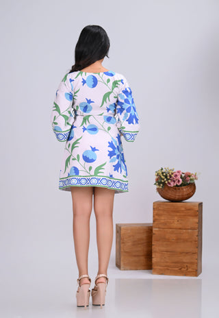 Blue & Off-White Pomegranate Print Wrap-Around Mini Dress