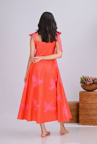 Orange & Pink Bird Print Umbrella Tie-Up Maxi Dress