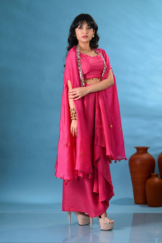 Laila Magenta Pink Crop-Top With Drape-Skirt & Cape (Set of 3)