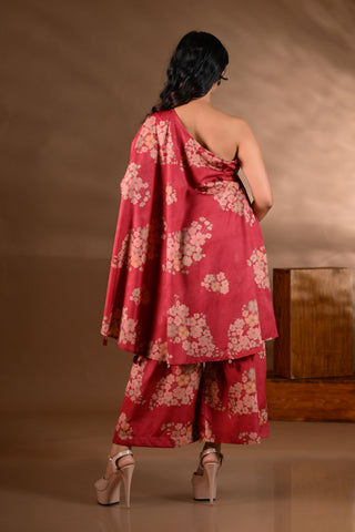 Red Crepe One-Shoulder Mirror-Work Kurta Set