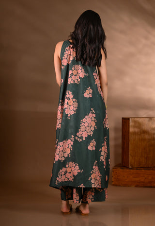 Green Crepe Printed Halter-Neck Kurta Set (Set of 2)