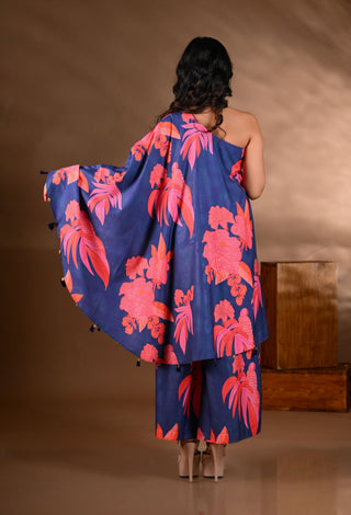 Blue Crepe One-Shoulder Mirror-Work Kurta Set