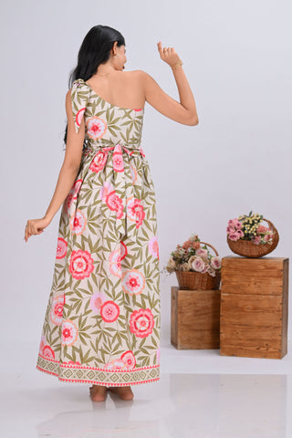 Pink Floral Print One-Shoulder Maxi Dress