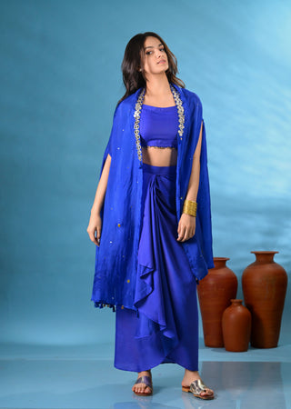 Noori Blue Crop-Top with Drape-Skirt & Cape (Set of 3)
