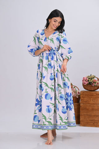 Blue & Off-White Pomegranate Print Wrap-Around Maxi Dress