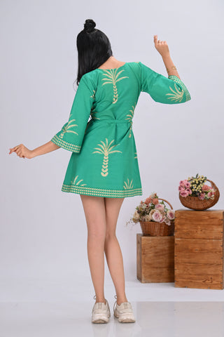 Green & Beige Palm Tree Print Wrap-Around Mini Dress