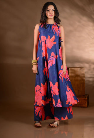 Blue Crepe Printed Halter-Neck Kurta Set (Set of 2)